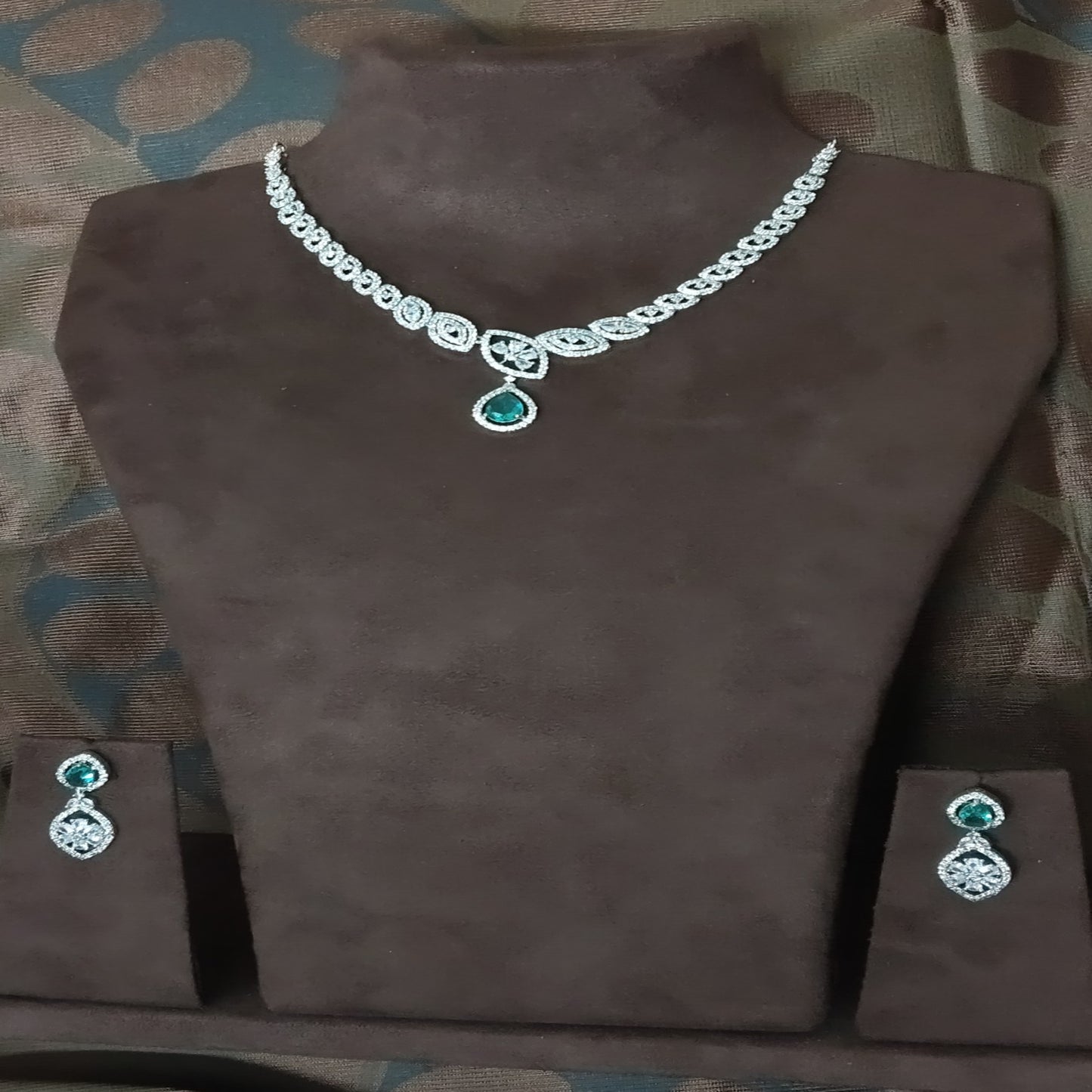 SIVARA Sapphire Leaf American Diamond Necklace | Sapphire Teardrop Focal | Delicate Necklace Set