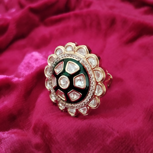 SIVARA Rajwada Emerald Radiance Ring | Mirror Cut Floral Kundan | Adjustable Statement Jewelry