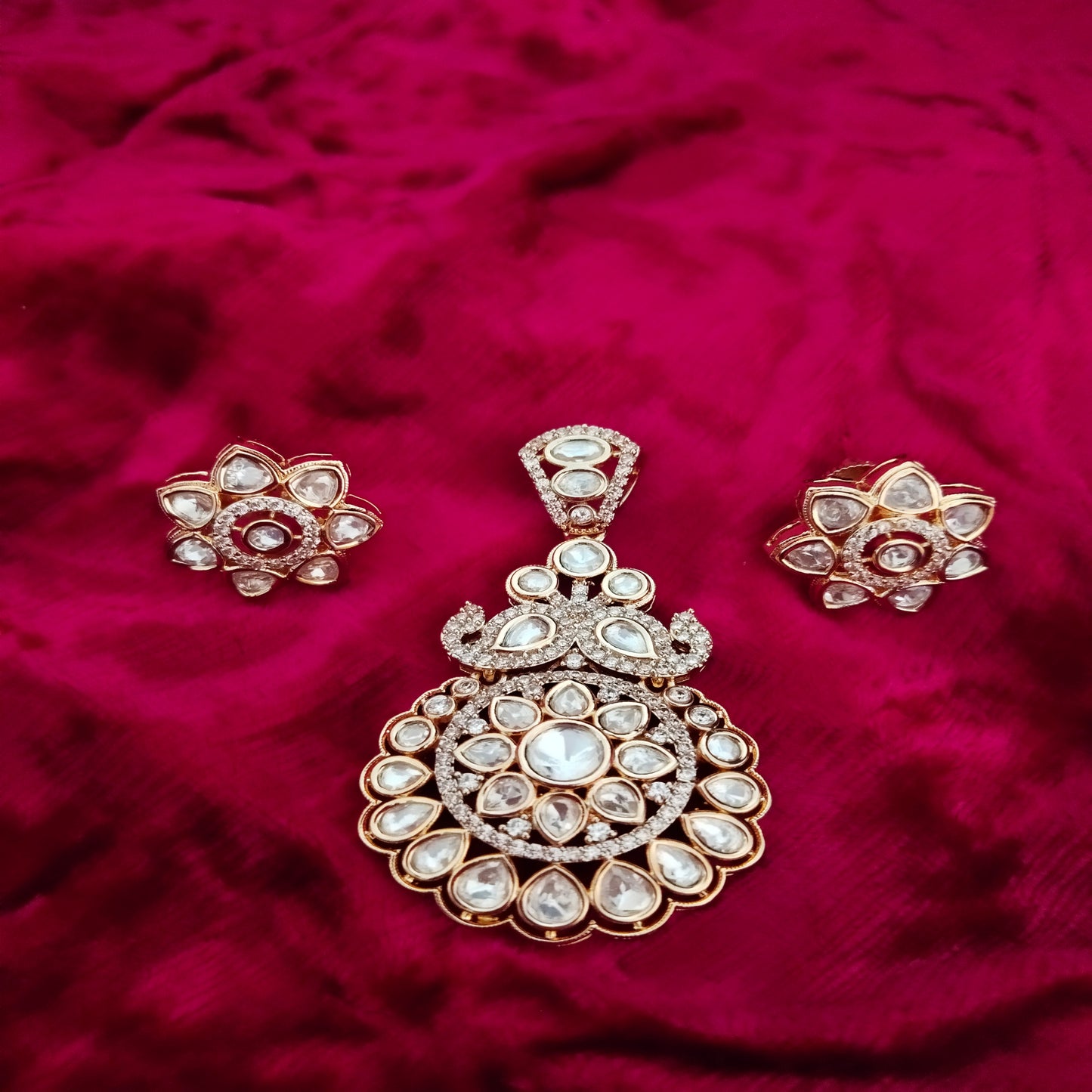 SIVARA Kundan Polki White Stone Gold-Plated Pendant Set with Earrings for Women | Traditional Festive Wear