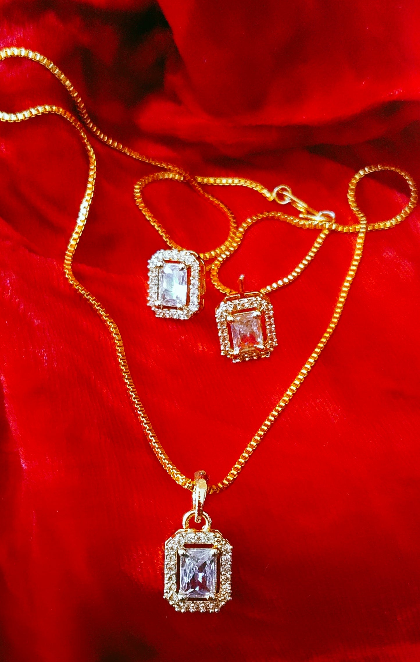 SIVARA Gold Plated Rectangle AD Pendant Set with Earrings for Women