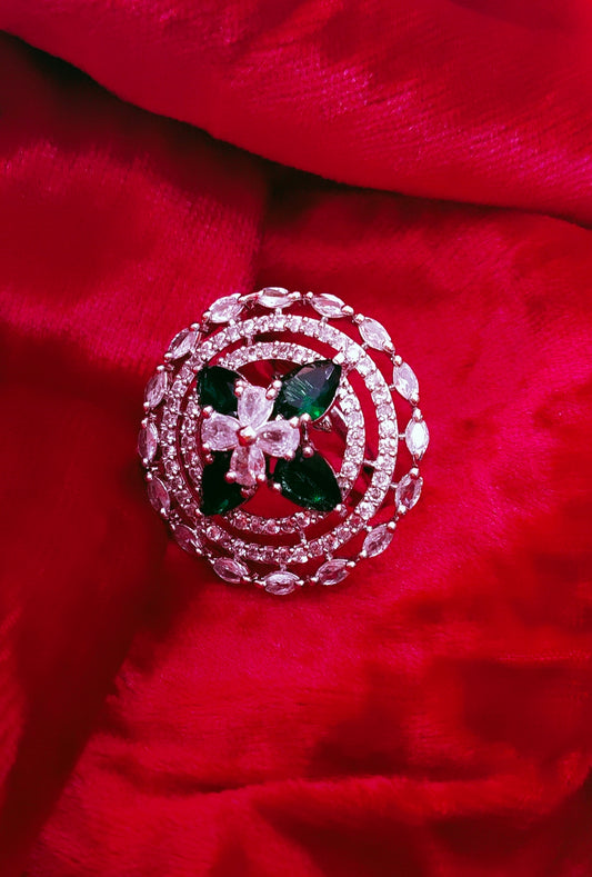 SIVARA Emerald Bloom Spiral Ring | Green Stone Floral Ring with Luxe Elegance | Adjustable