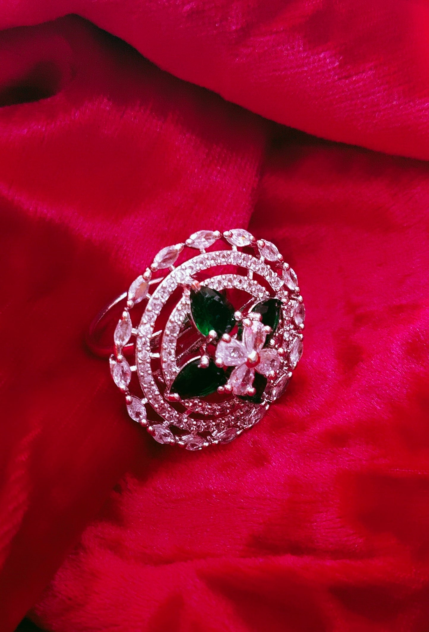 SIVARA Emerald Bloom Spiral Ring | Green Stone Floral Ring with Luxe Elegance | Adjustable