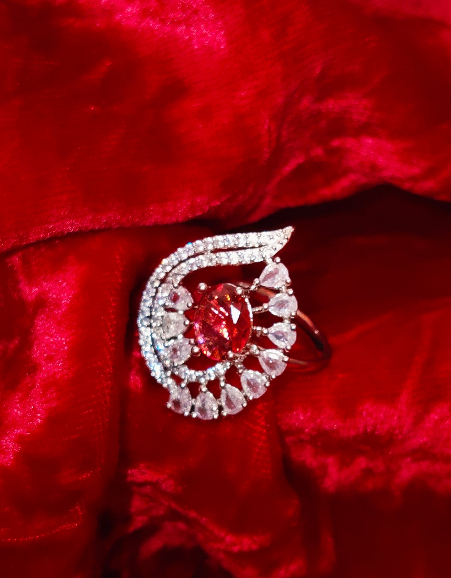 SIVARA Regal Ruby Teardrop Cocktail Ring with CZ Stones | Wedding & Festive Wear | Adjustable