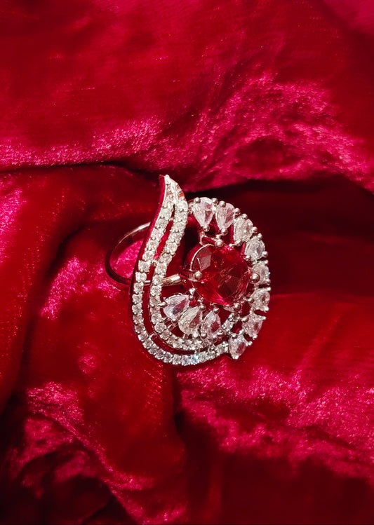 SIVARA Regal Ruby Teardrop Cocktail Ring with CZ Stones | Wedding & Festive Wear | Adjustable