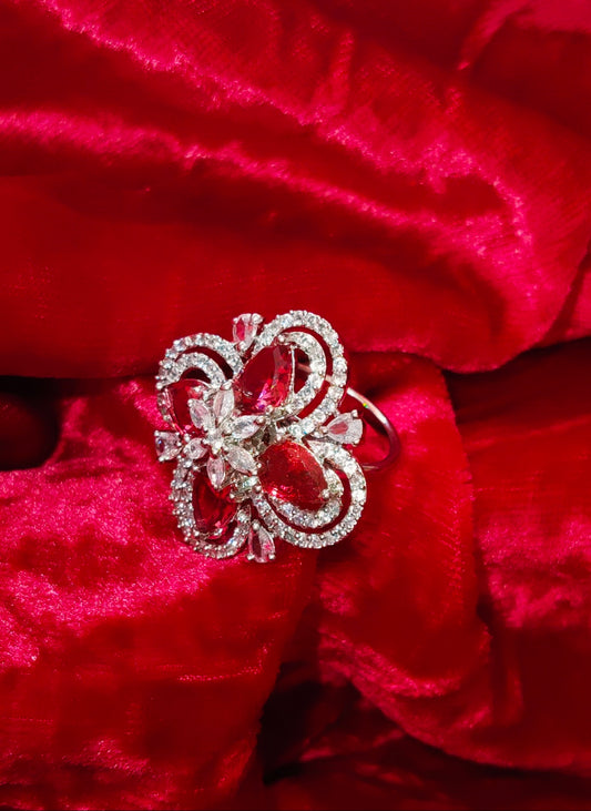 SIVARA Red CZ Luxe Flower Statement Ring | Royale Cocktail Ring | Adjustable