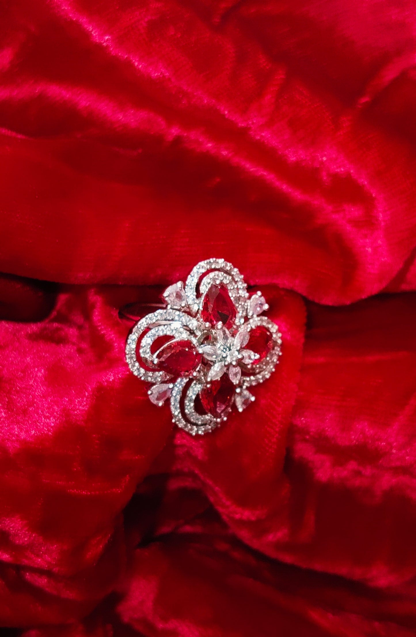 SIVARA Red CZ Luxe Flower Statement Ring | Royale Cocktail Ring | Adjustable