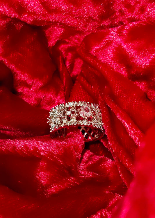 SIVARA Rhinestone Embellished Wide Band Ring | Shimmering Cocktail Ring with Floral Design