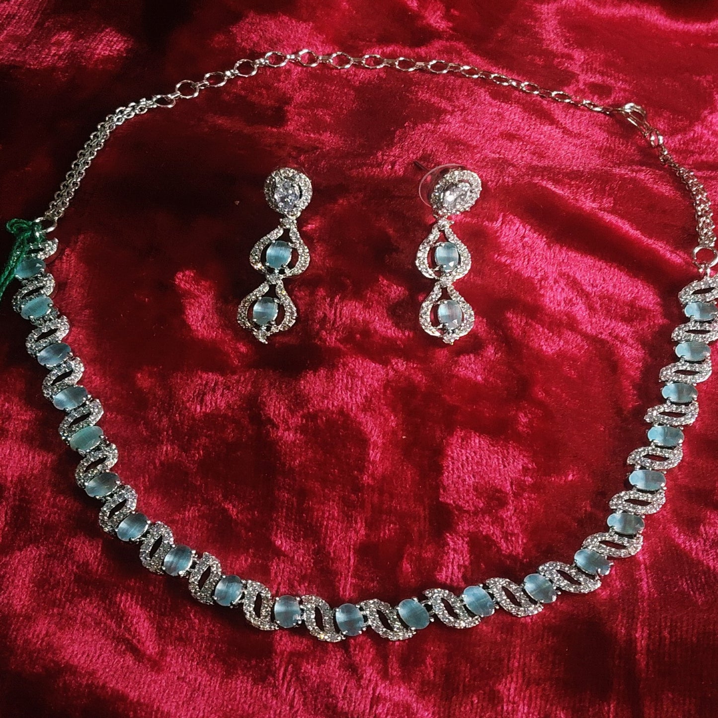 SIVARA Aqua Wave Diamond Necklace | Sky Blue Pave Chain & Dangler AD Set