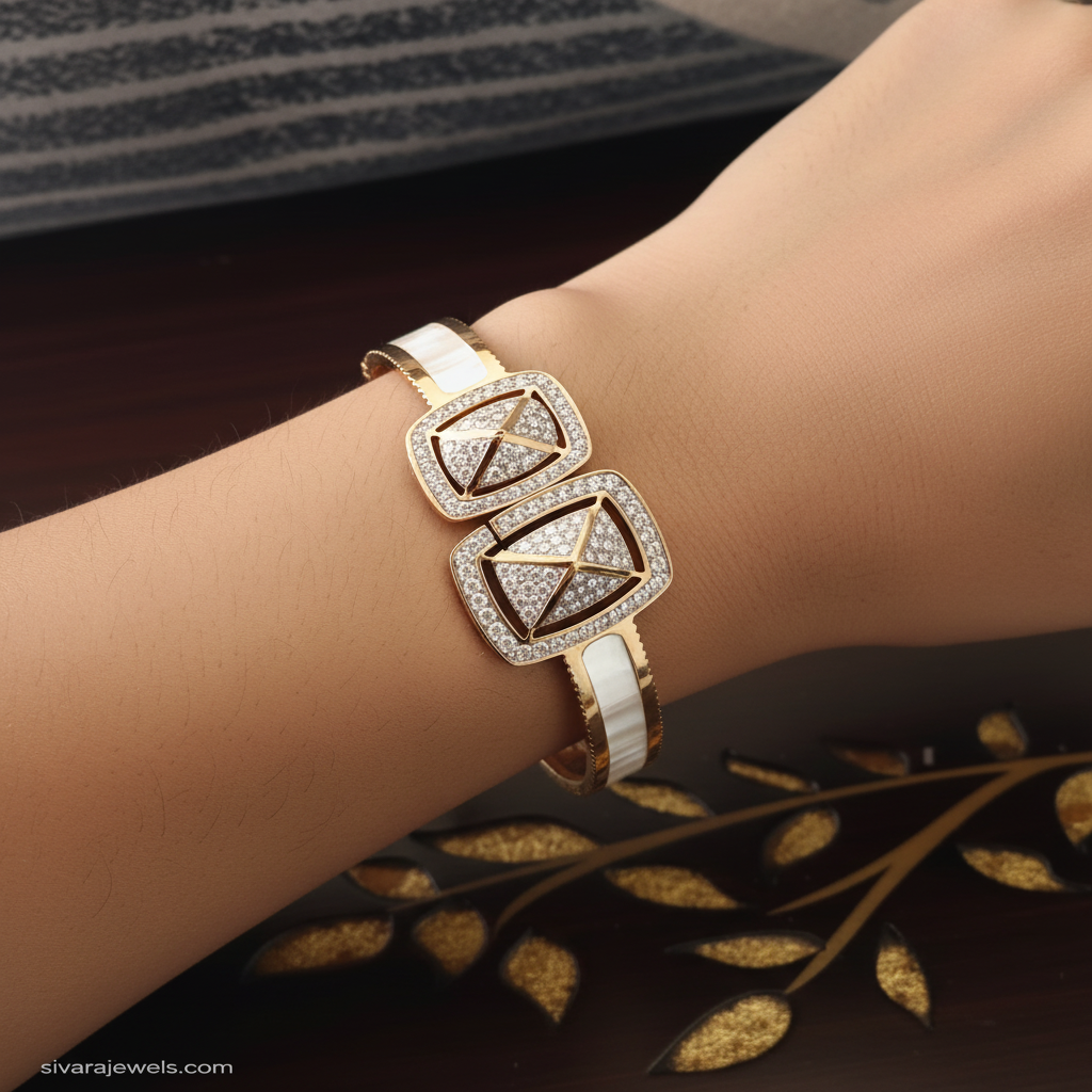 Beautiful slender wrist with diamond and enamel rectangular bracelet