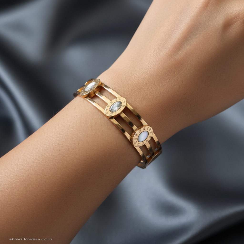 Beautiful slender wrist with mother of pearl medallion bracelet