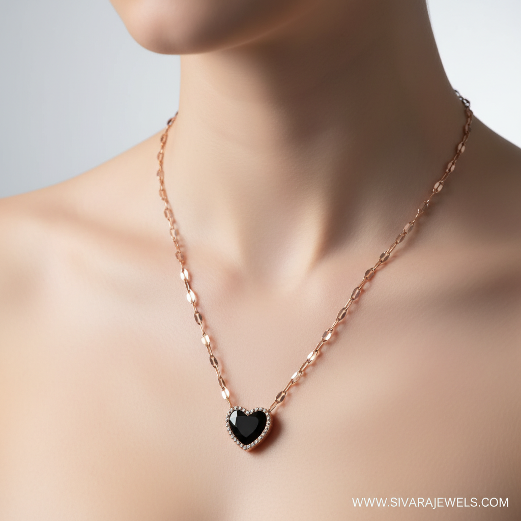 Black Heart Pendant Necklace on Slender Neck