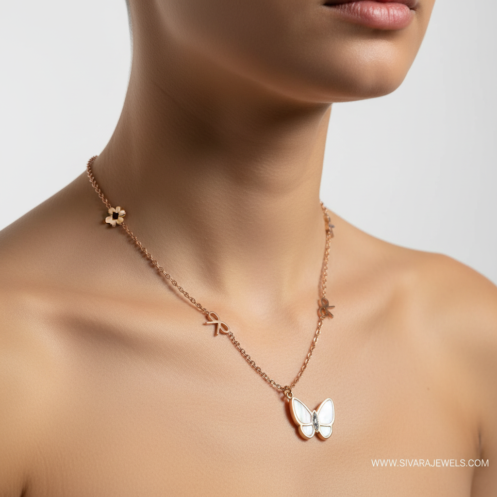 Clover and Butterfly Necklace on Slender Neck