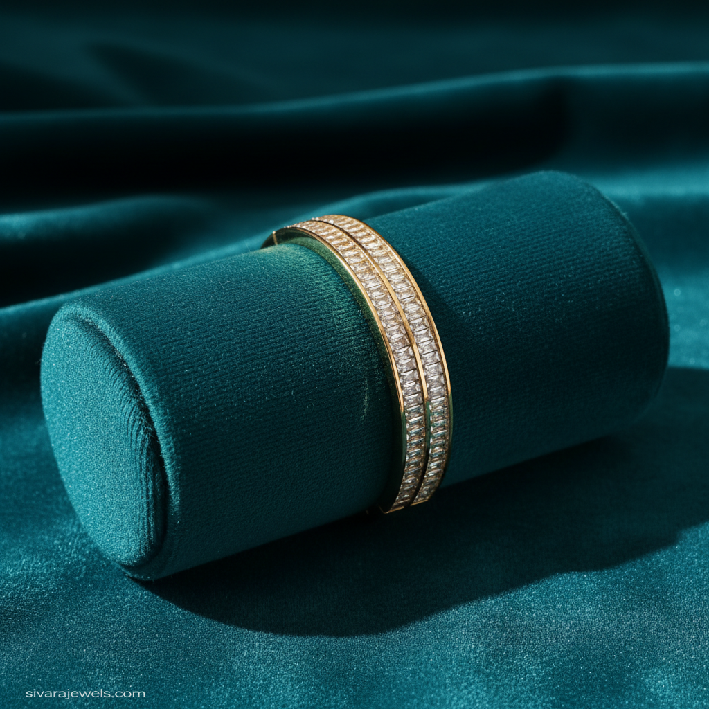 Double-row baguette diamond bracelet on teal jewelry cushion with teal background