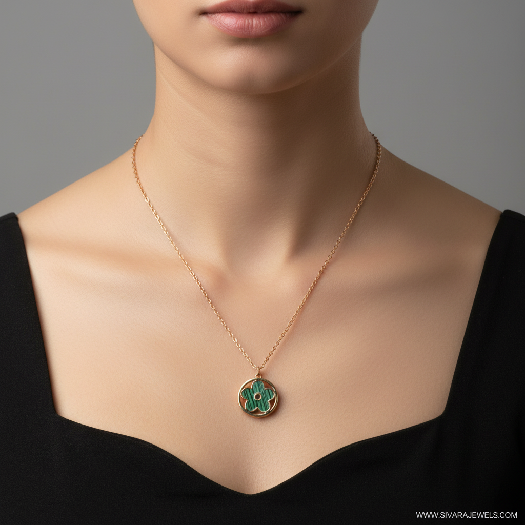 Malachite Flower Pendant on Slender Neck