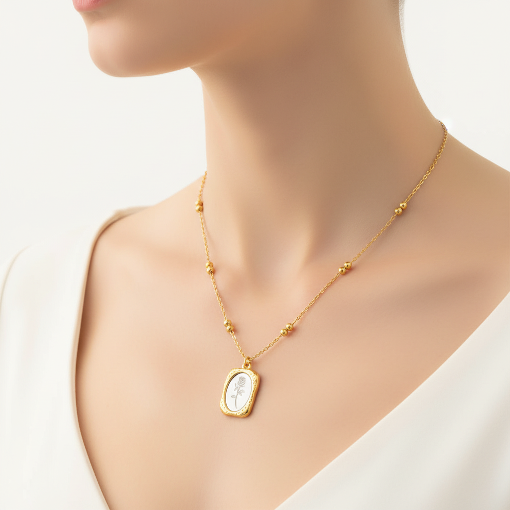 Rose Engraved Silver Pendant on Slender Neck