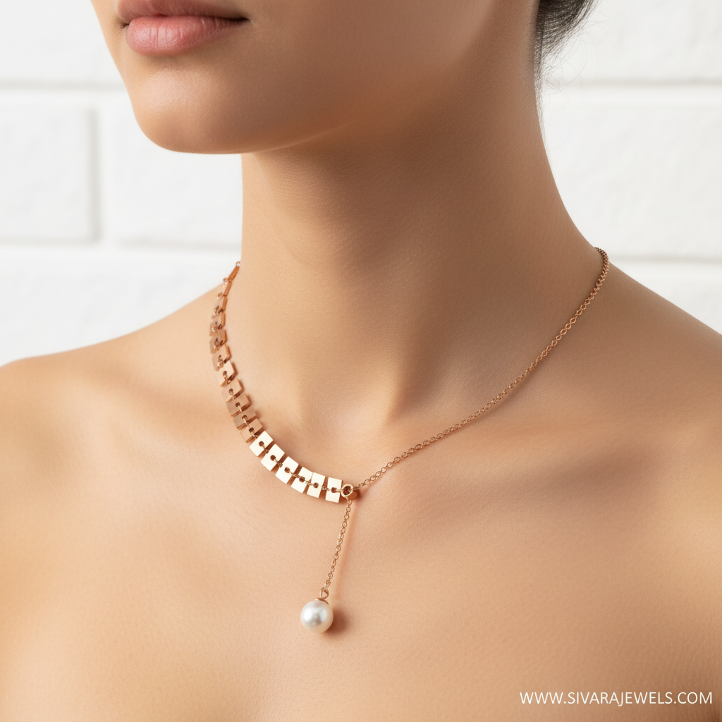 Rose Gold Asymmetric Chain with Cube Beads and Pearl Drop on Slender Neck