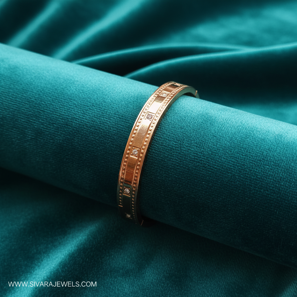 Rose gold diamond and beaded bracelet on teal jewelry cushion with teal background