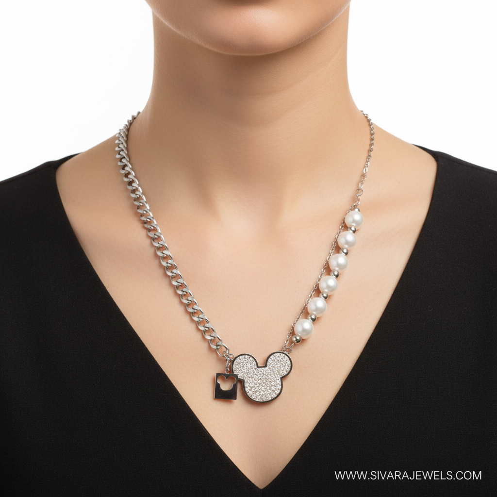 Silver Asymmetric Mickey Mouse - Pearls Right on Slender Neck
