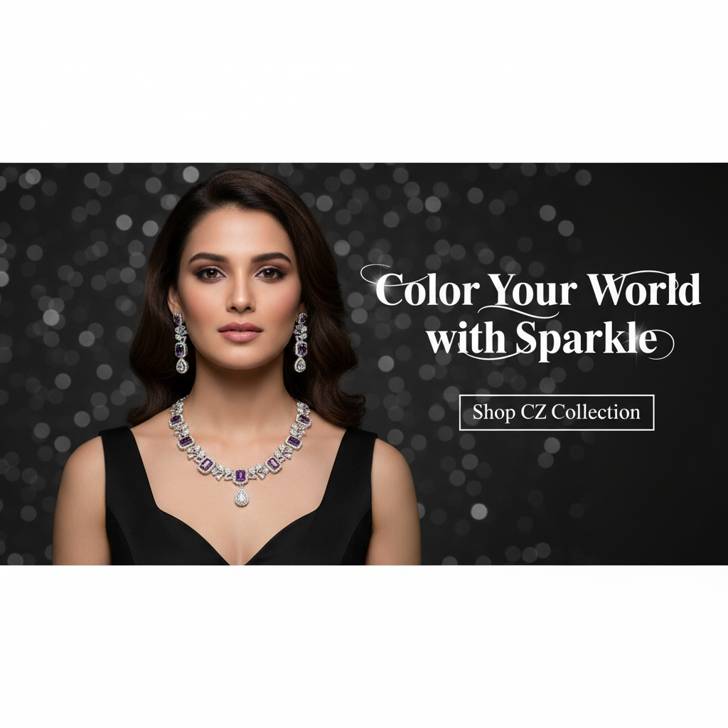 16:9 banner with colored model and jewelry on B&W background