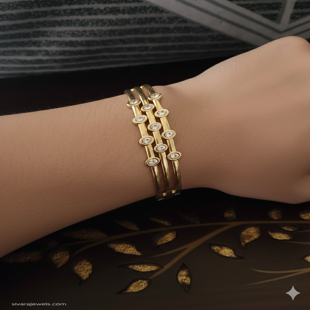 SIVARA Triple-Row Radiant Engraved Stone Bangle | Gold Anti-Tarnish Dailywear