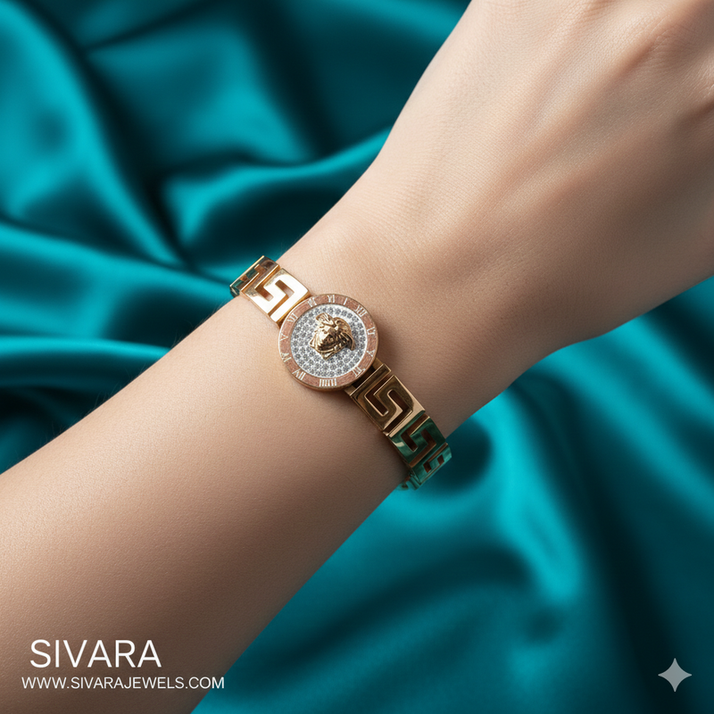 SIVARA Medusa Roman Numeral Greek Key Bracelet | Gold Anti-Tarnish Dailywear