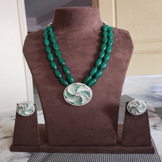 SIVARA 'Forest Grandeur' Two-Strand Necklace | Emerald Beaded | Swirl Pendant