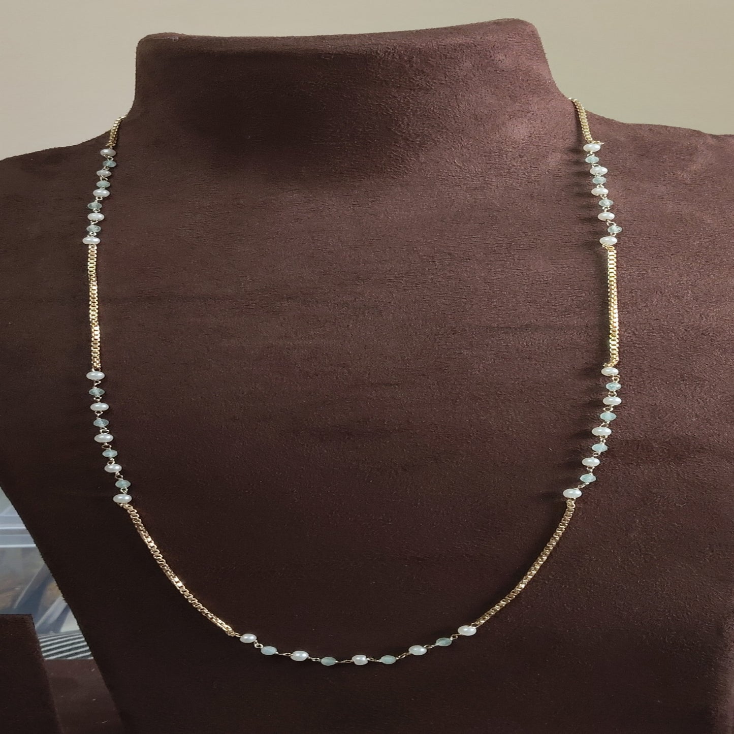 SIVARA 'Coastal Chain' Long Necklace | Minimalist Beaded | White n Mint Green Pearls & Gold