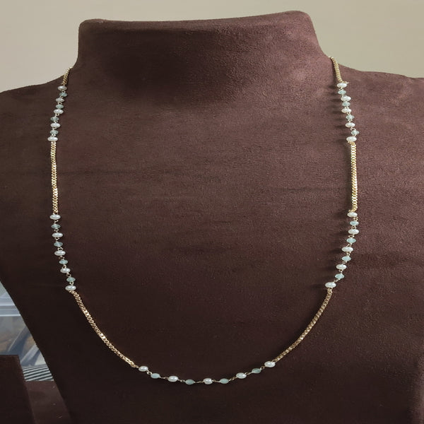 SIVARA 'Coastal Chain' Long Necklace | Minimalist Beaded | White n Mint Green Pearls & Gold