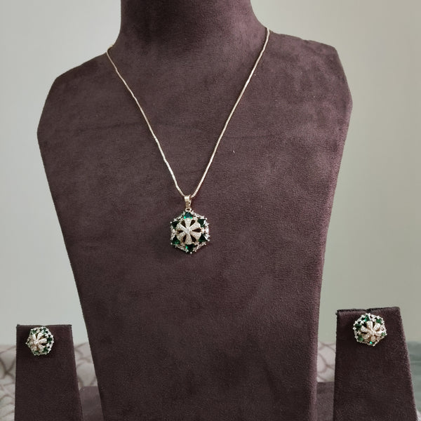 SIVARA Emerald Stone Floral Pendant Set with Earrings