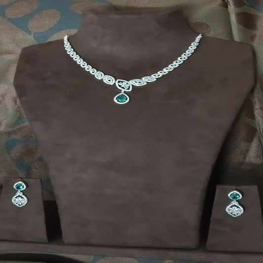 SIVARA Sapphire Leaf American Diamond Necklace | Sapphire Teardrop Focal | Delicate Necklace Set