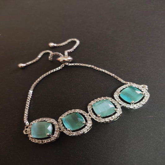 SIVARA Aqua Blue Cushion-Cut Stone Bracelet with CZ Halo | Adjustable Elegant Jewelry