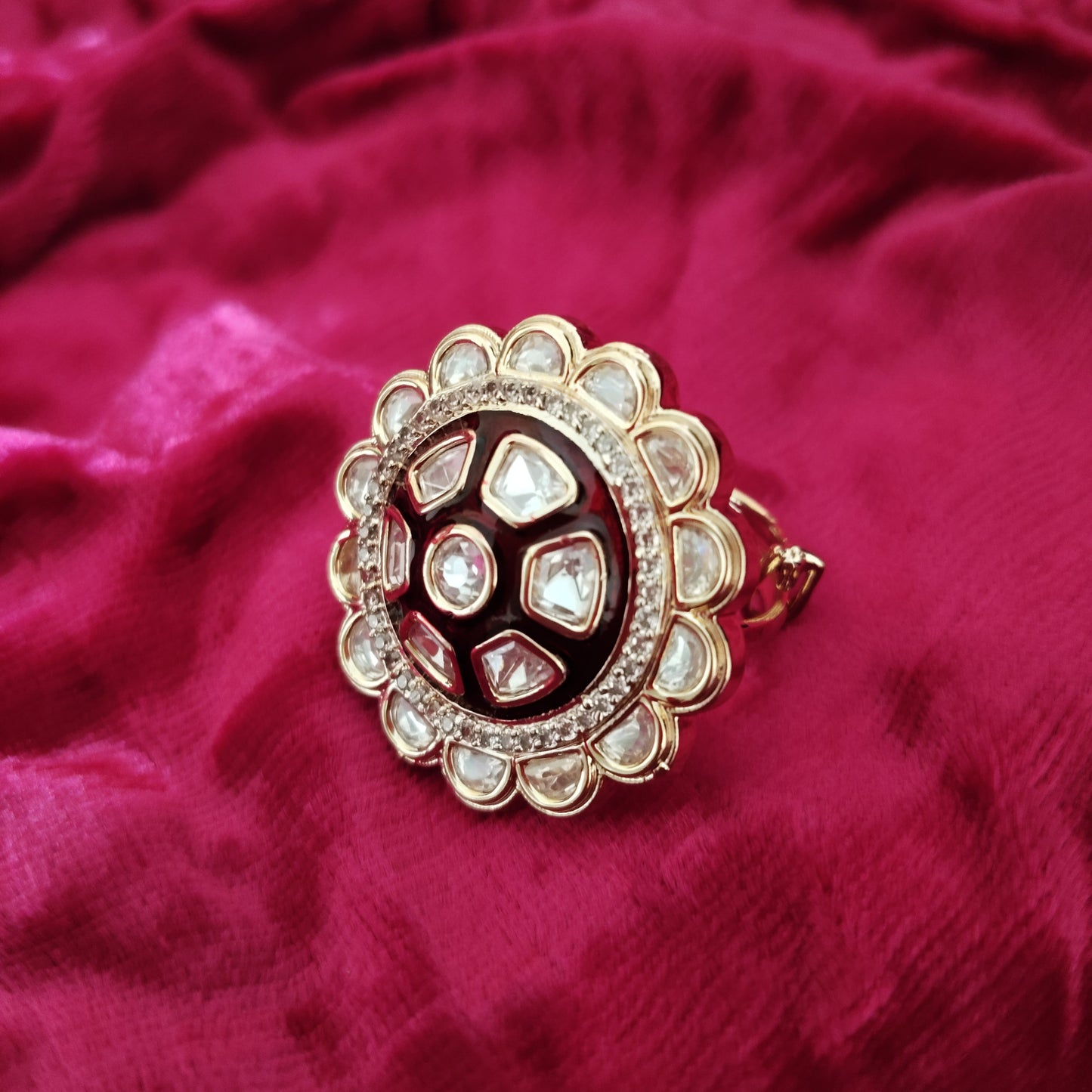 SIVARA Rajwada Ruby Radiance Ring | Mirror Cut Floral Kundan | Adjustable Statement Jewelry