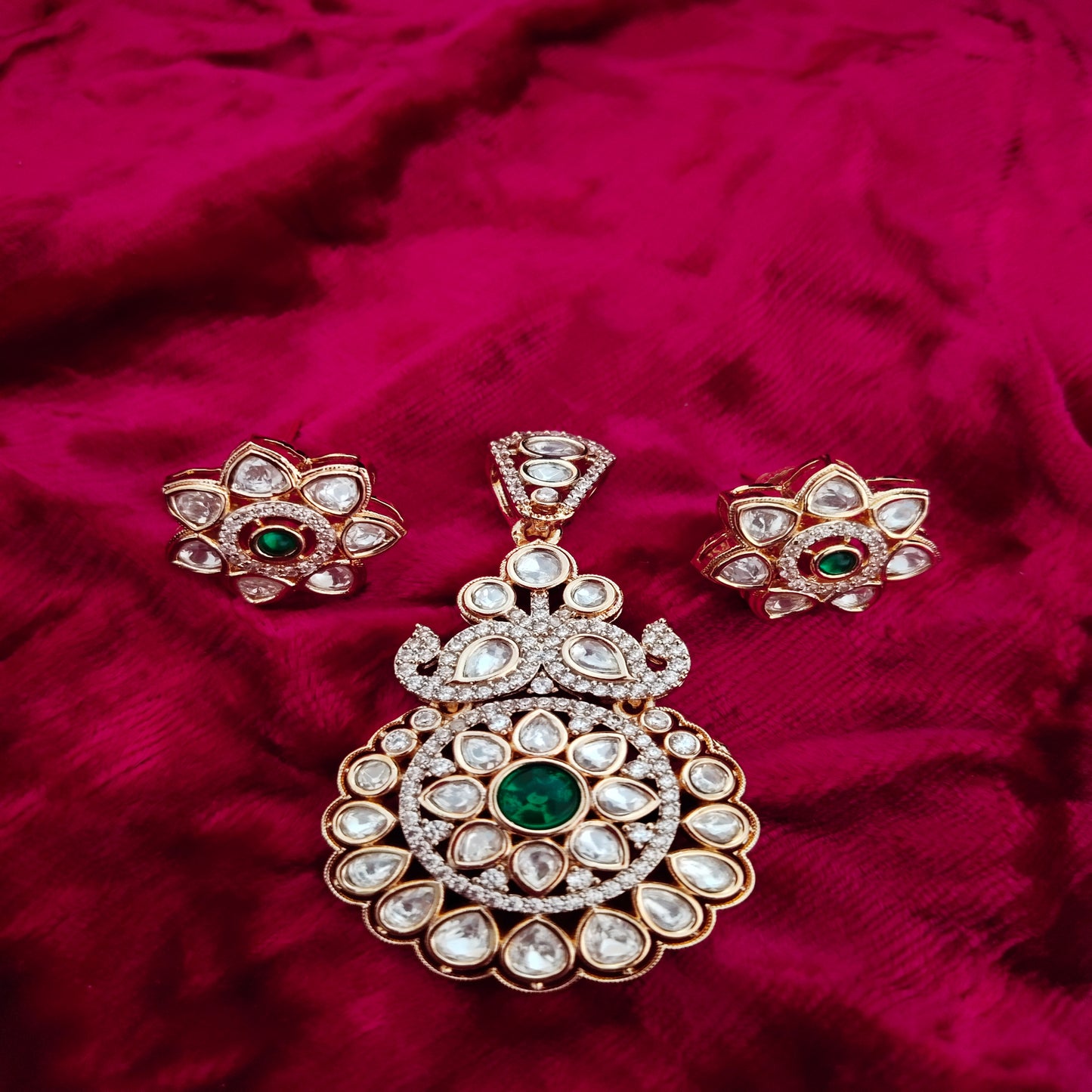 SIVARA Kundan Green Stone Emerald Gold-Plated Pendant Set with Earrings for Women | Traditional Jewelry Set