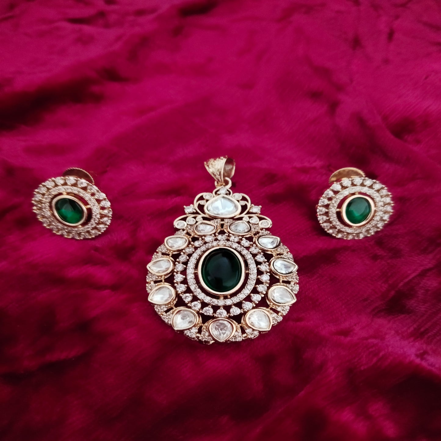 SIVARA Kundan Emerald Stone Gold-Plated Pendant Set with Earrings for Women | Traditional Jewelry Set