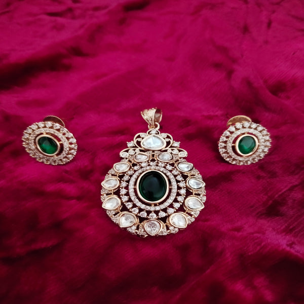 SIVARA Kundan Emerald Stone Gold-Plated Pendant Set with Earrings for Women | Traditional Jewelry Set