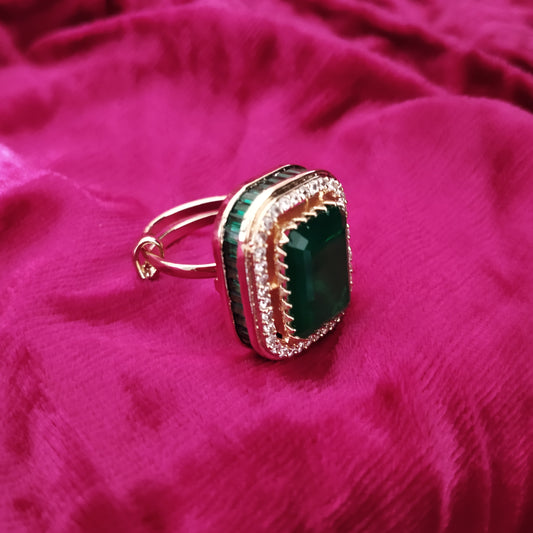 SIVARA Emerald Majesty Doubled Statement Ring | Bold Green Stone with Royal Elegance | Adjustable