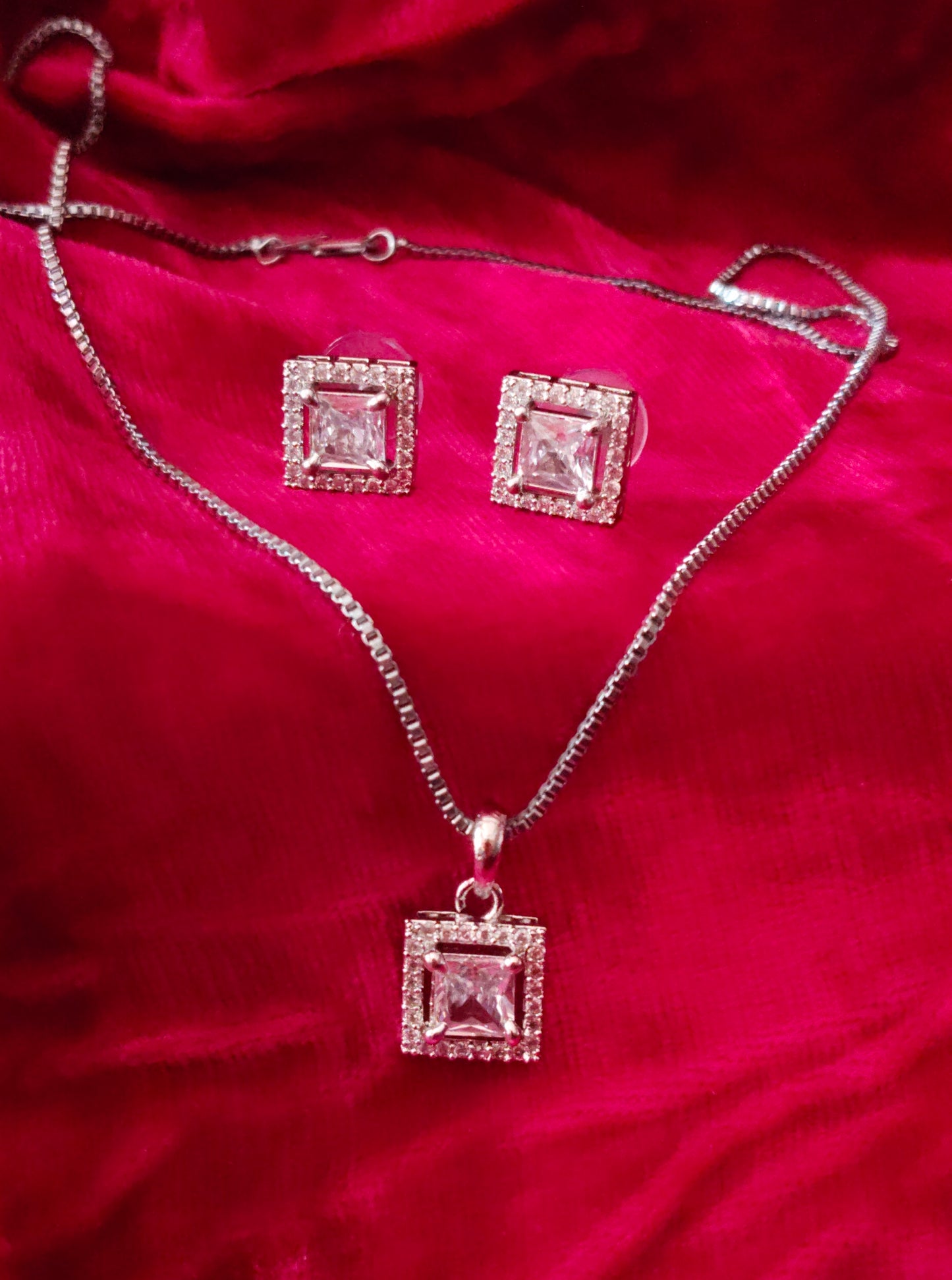SIVARA Trendy Square Stone AD Pendant Set with Earrings for Party & Festive Wear for Girls & Women