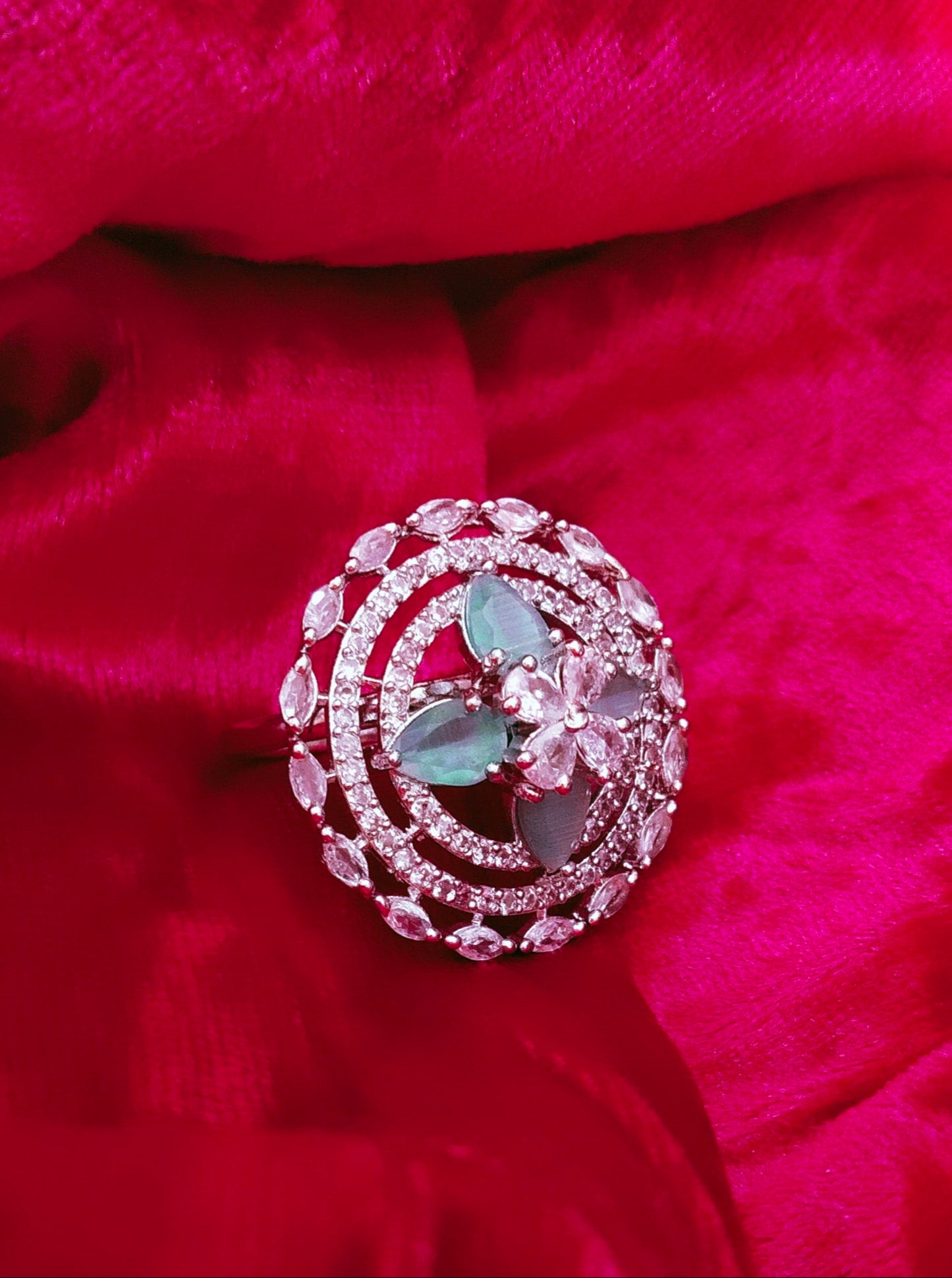 SIVARA Moonlit Bloom Spiral Ring | Icy Blue Floral Statement Ring with Teardrop Elegance | Adjustable