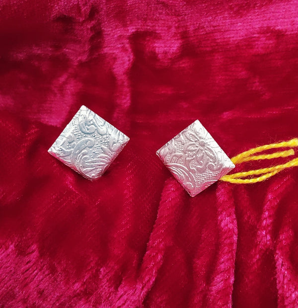 SIVARA Antique Silver Square Studs | Embossed Floral Pattern Earrings