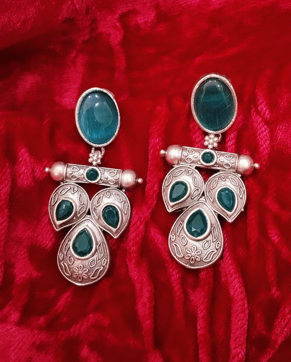 SIVARA Peacock Bloom Heritage Earrings | Teal Stone Ethnic Charm