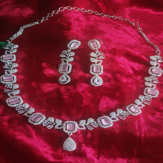 SIVARA Pink Diamond Heirloom Necklace | Regal Rose Rectangle Cut AD Set