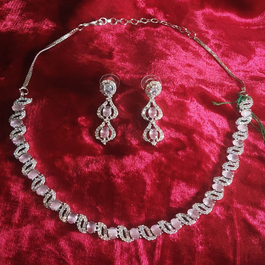 SIVARA Pink Rose Wave American Diamond Necklace | Baby Pink Pave Chain & Dangler AD Set