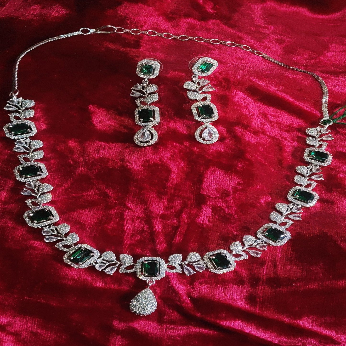 SIVARA Emerald Legacy Necklace | Regal Green Rectangle Cut AD Set