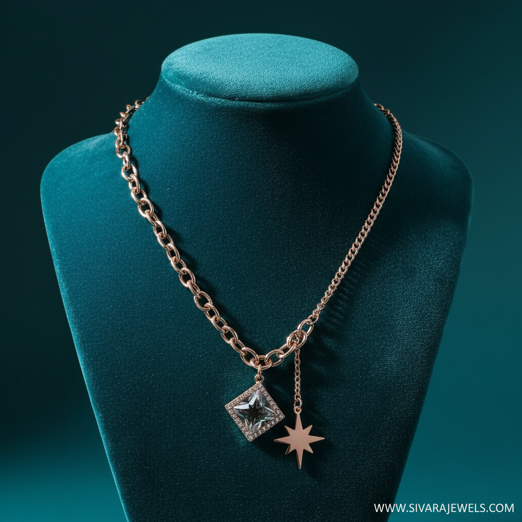 Asymmetric Chain with Tilted Square Crystal and Star Dangler on Teal Velvet