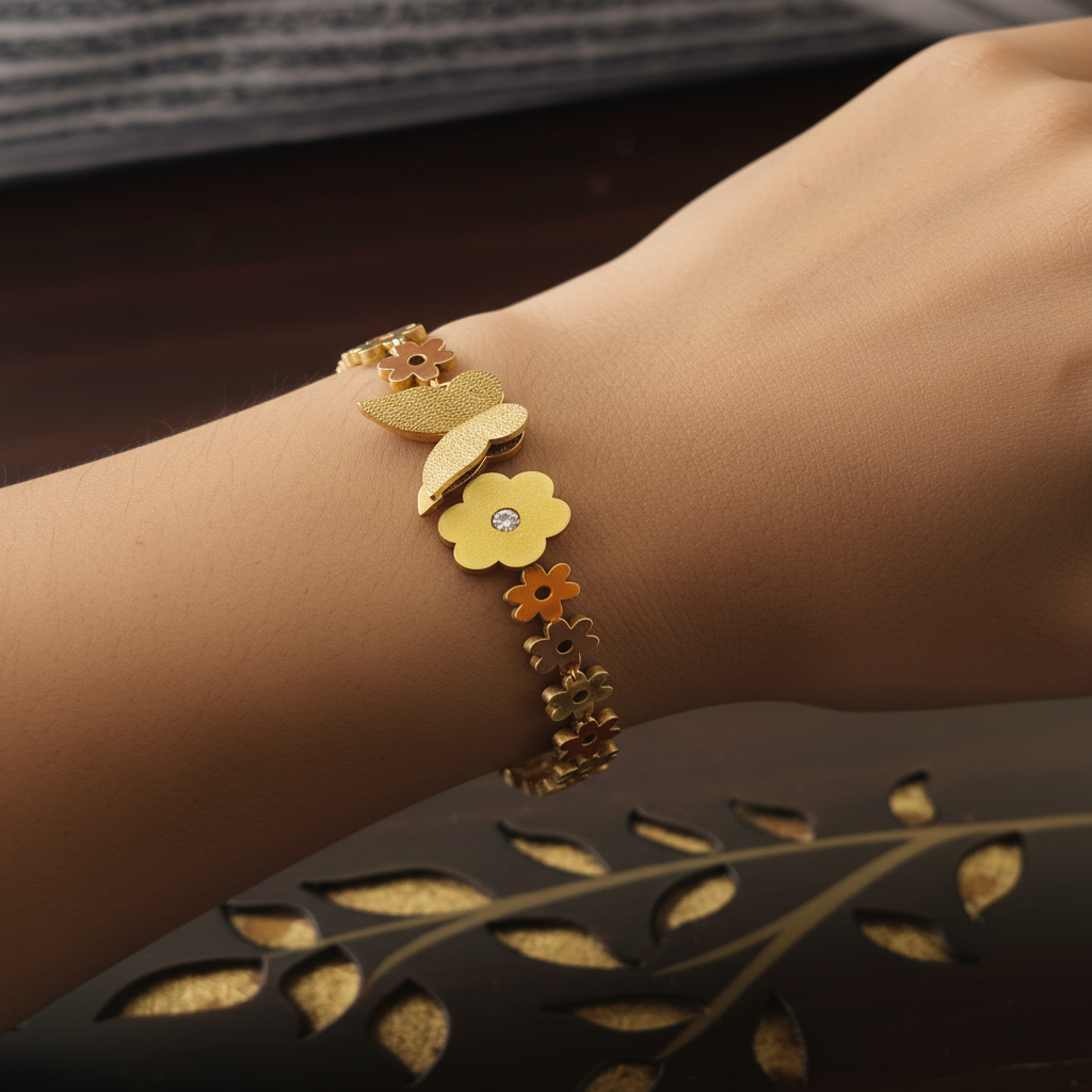 Beautiful slender wrist with colorful enamel flower bracelet
