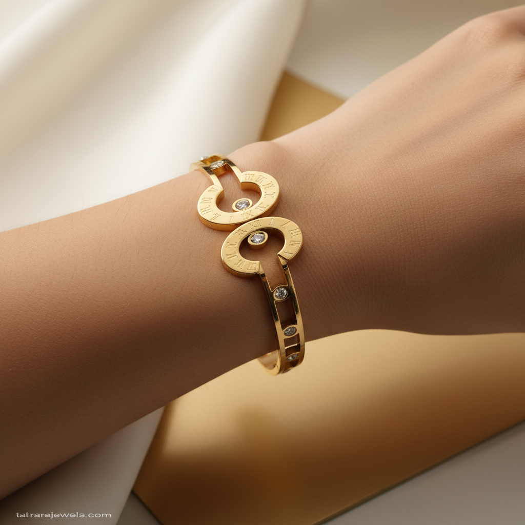 Beautiful slender wrist with hollow gold disc and diamond bracelet