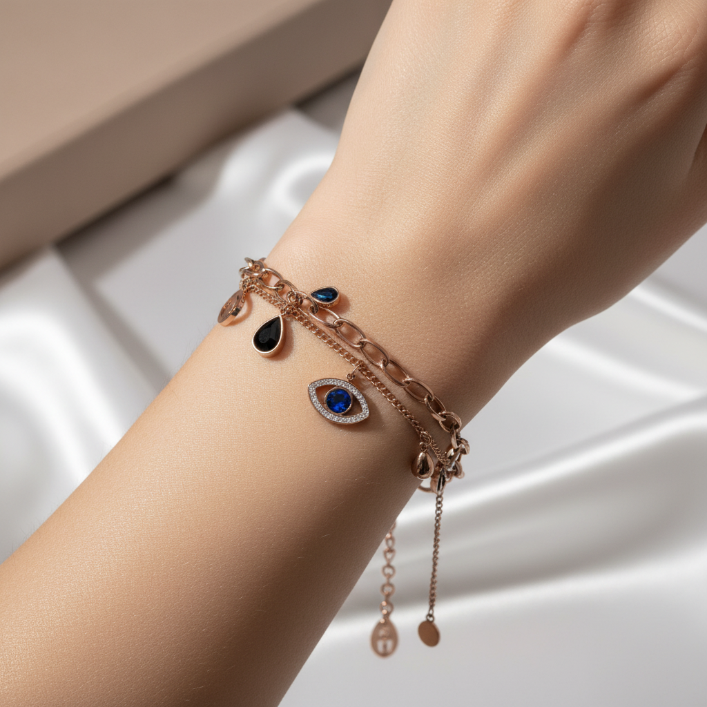 Beautiful slender wrist with mixed-metal evil eye and charm bracelet