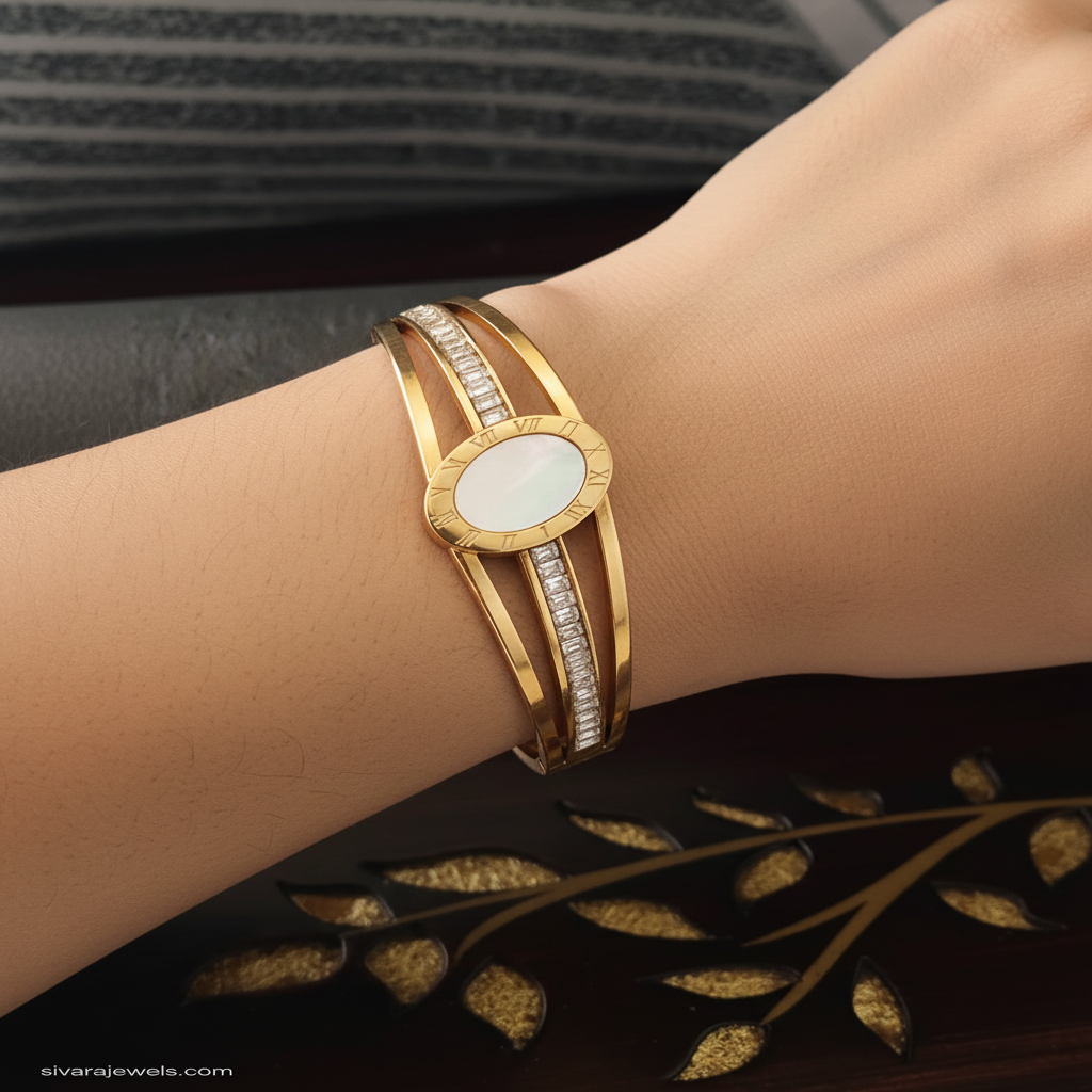 Beautiful slender wrist with mother of pearl and baguette diamond bracelet