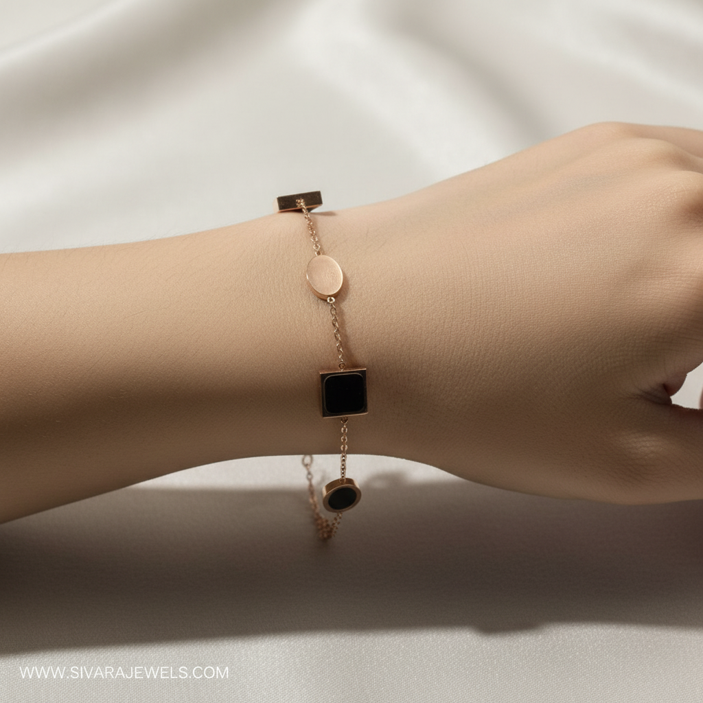 Beautiful slender wrist with rose gold and black enamel geometric bracelet