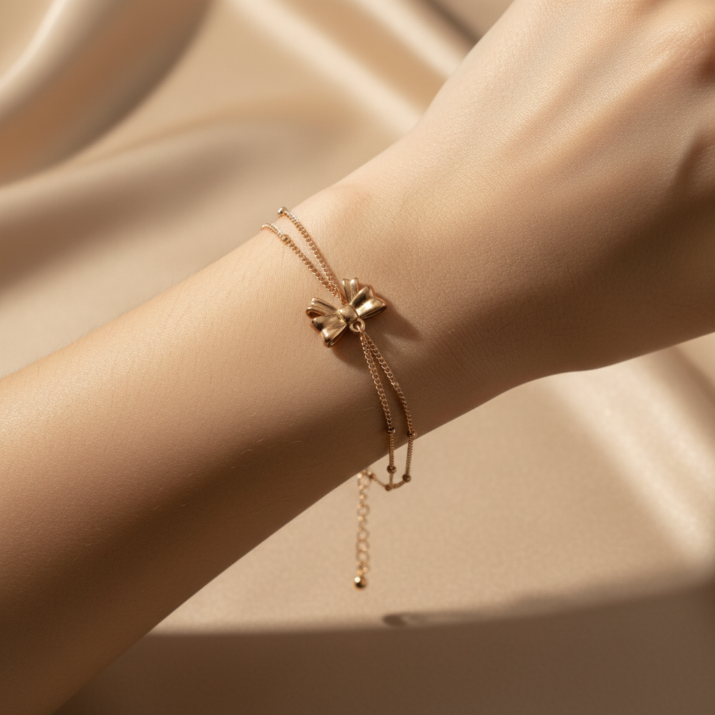 Beautiful slender wrist with rose gold bow pendant bracelet